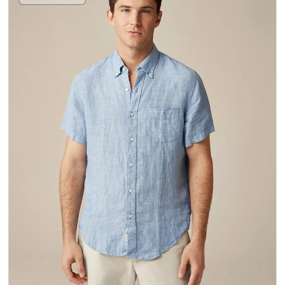 J Crew Size XXL Linen Blend Shirt Slim Fit Short Sleeve Button Down Preppy